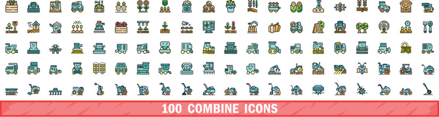 Poster - 100 combine icons set. Color line set of combine vector icons thin line color flat on white