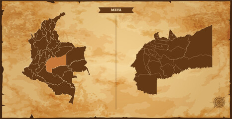 Wall Mural - Meta state map, Colombia map with federal states in A vintage map based background, Political Colombia Map