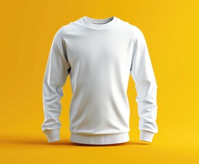 White long sleeve t-shirt isolated on a yellow background. Mockup blank sportswear front view.