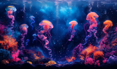 Illustration of colorful jellyfish swimming in ocean.