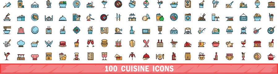 Poster - 100 cuisine icons set. Color line set of cuisine vector icons thin line color flat on white