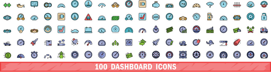 Poster - 100 dashboard icons set. Color line set of dashboard vector icons thin line color flat on white