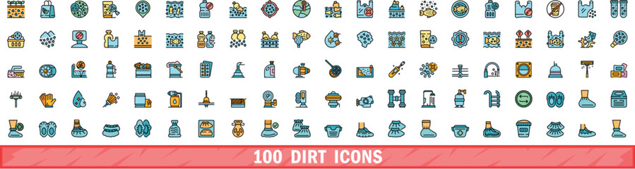 Poster - 100 dirt icons set. Color line set of dirt vector icons thin line color flat on white