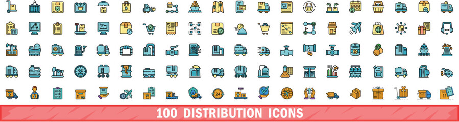 Poster - 100 distribution icons set. Color line set of distribution vector icons thin line color flat on white