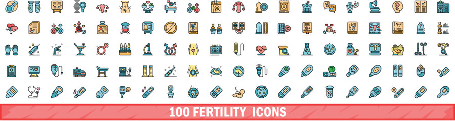 Poster - 100 fertility icons set. Color line set of fertility vector icons thin line color flat on white