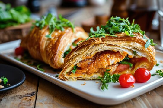 Sandwich croissant with appetizing red fish fillet filling on the table at a barbecue restaurant. Rustic baked goods in a homemade style.