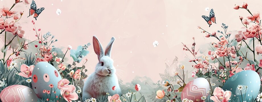A pastel-themed vector background for Easter with eggs, bunnies, and flowers, and plenty of space for copy space