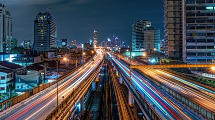 Wall Mural - road and the light trails of sky train at night
