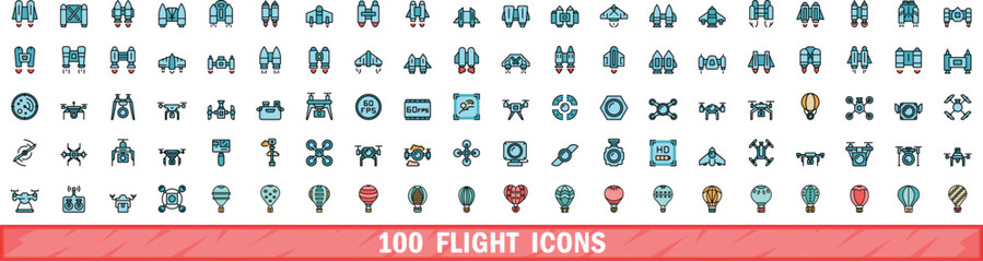 Poster - 100 flight icons set. Color line set of flight vector icons thin line color flat on white