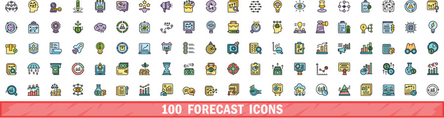 Poster - 100 forecast icons set. Color line set of forecast vector icons thin line color flat on white
