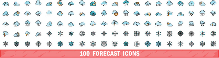 Poster - 100 forecast icons set. Color line set of forecast vector icons thin line color flat on white