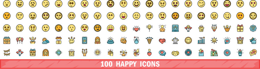 Poster - 100 happy icons set. Color line set of happy vector icons thin line color flat on white