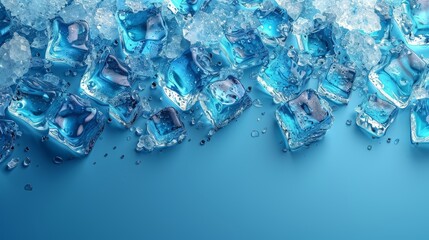 Poster - The image shows several blue ice cubes with water splashes against a cool blue background, suggesting freshness and chill
