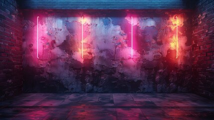 Vibrant neon lights create a dynamic atmosphere against a textured brick wall, highlighting urban decay and modern nightlife