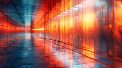 Poster - A warmly lit corridor with reflective glass walls creating a sense of depth and passage