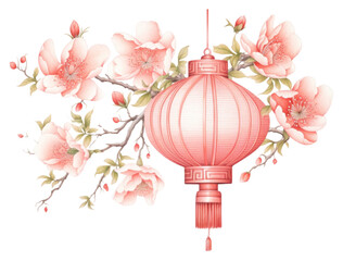 Sticker - PNG Chinese lantern with flowers plant red architecture.