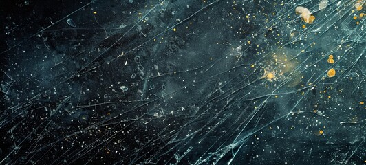 Wall Mural - Broken texture. Colorful digital noise on the surface of dark glass with yellow-blue-white gradient spots and dust scratches.