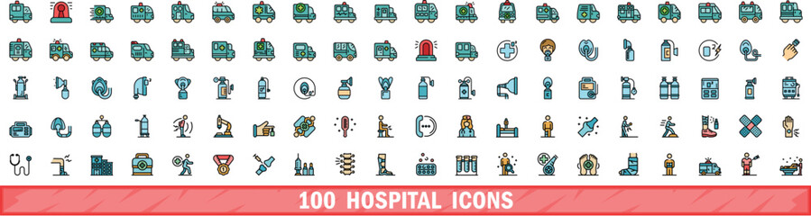 Wall Mural - 100 hospital icons set. Color line set of hospital vector icons thin line color flat on white