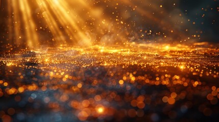 Poster - Dream-like image of golden particles swirling in a beam of light against a dark backdrop