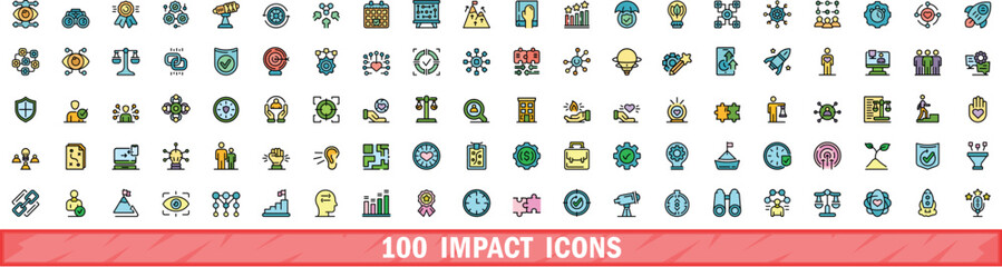 Poster - 100 impact icons set. Color line set of impact vector icons thin line color flat on white