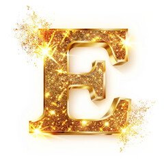 Wall Mural - Golden glowing letter E with gold dust on white clean background. Scrapbook activity. Generative AI