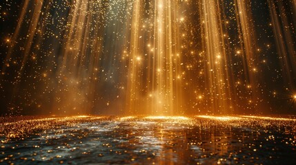 Poster - Abstract concept of golden particles cascading down like a waterfall on a dark background