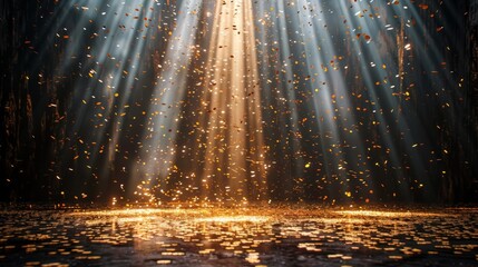 Poster - Golden sparkles flying in the air with light rays on a dark theatrical stage setting