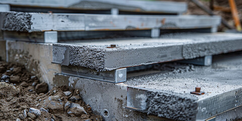 Metal support kit for pouring concrete on stairs. Close-up.