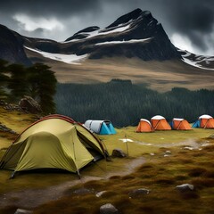 tent in the foreground of a tourist camp in the highlands.
