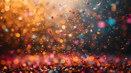 Poster - A vibrant celebration captured with colorful confetti flying amidst a backdrop of glittering bokeh lights