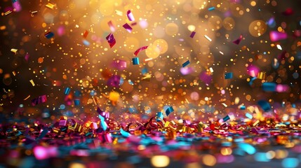 Poster - A dynamic image showcasing an explosion of sparkling confetti against a blur of warm, bokeh lights adding festive cheer