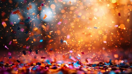 Poster - Dynamic image showcasing a vivid rain of confetti with a dazzling bokeh light effect and deep color contrast