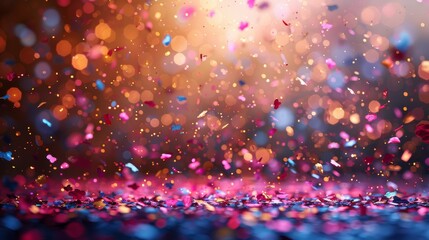 Poster - Close-up of a dynamic confetti explosion with diverse colored particles and a striking pink and blue overlay
