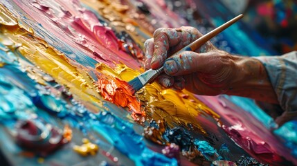 Poster - Close-up of an artist's paint-covered hand skillfully applying vibrant oil paints to a textured canvas