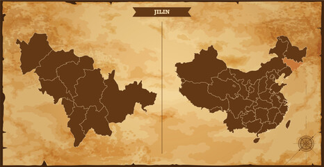 Wall Mural - Jilin state map, China map with federal states in A vintage map based background, Political China Map