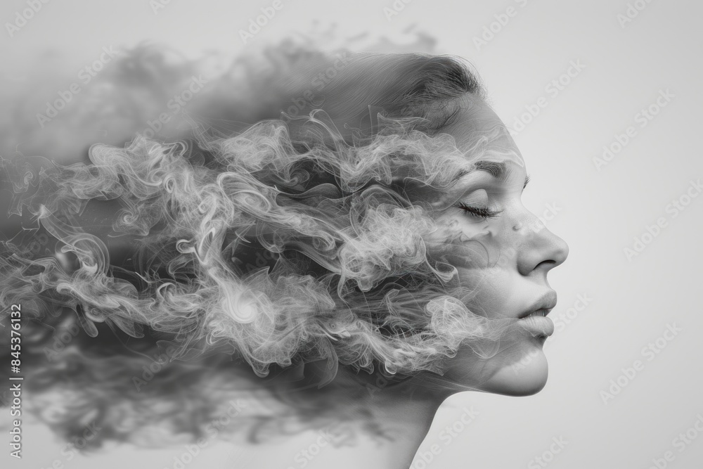 Artistic black and white portrait of a woman with smoke around her head ...