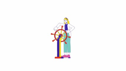 Poster - Happy caucasian female holding helm line 2D character animation. Woman leader flat color cartoon 4K video, alpha channel. Young adult european with steering wheel animated person on white background