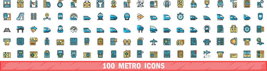 Poster - 100 metro icons set. Color line set of metro vector icons thin line color flat on white