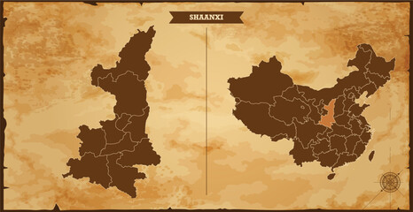 Wall Mural - Shaanxi state map, China map with federal states in A vintage map based background, Political China Map