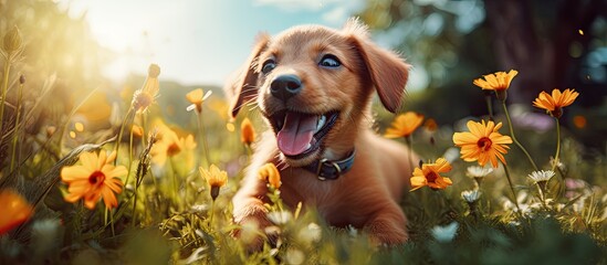 Poster - Dog playing outside smiles Happy Dog A beautiful puppy dog. Creative banner. Copyspace image