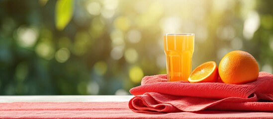 Poster - summer orange juice and towel of red. Creative banner. Copyspace image
