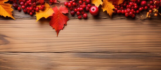 Poster - fall rowan berries and leaves on wooden background. Creative banner. Copyspace image