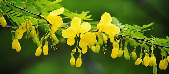 Leinwandbilder - The blossoming acacia branch Yellow flowers of an acacia on a green vegetable background it is horizontal Caragana Fabaceae Family Caragana arborescens. Creative banner. Copyspace image
