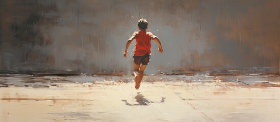 Wall Mural - A child athlete runs a race wearing only socks. Creative banner. Copyspace image