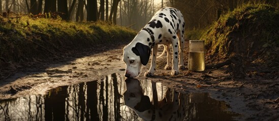 Poster - Dalmatian drinking from a puddle on a bridle way in the countryside. Creative banner. Copyspace image