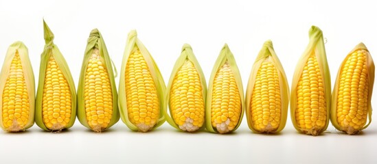 Aufkleber - Fresh yellow corn cobs isolated on white background Fresh vegetables. Creative banner. Copyspace image
