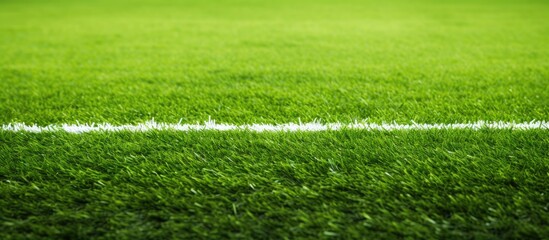Wall Mural - White stripe on a bright green artificial grass soccer field. Creative banner. Copyspace image