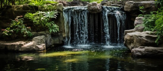 Poster - Small waterfall at the zoo. Creative banner. Copyspace image