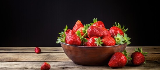 Aufkleber - Bowl with fresh strawberries on a old wooden table. Creative banner. Copyspace image