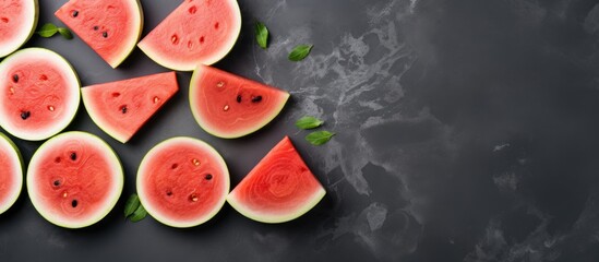 Poster - Sliced watermelon on white marble background. Creative banner. Copyspace image